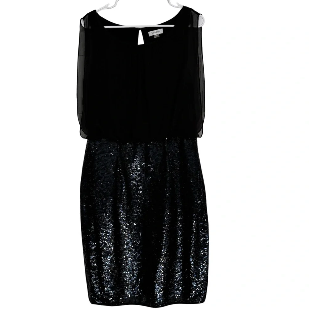 Calvin Klein Black Sequin Cocktail Dress Sleeveless Chiffon Overlay Size 10 - Picture 1 of 10